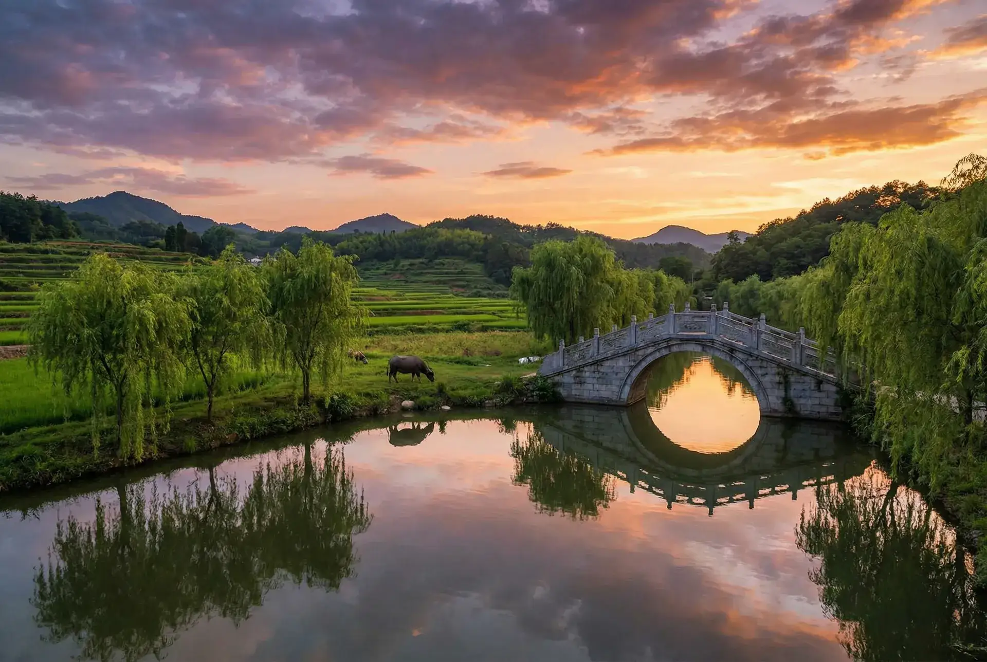夕阳下的石拱桥与垂柳，水牛在河边吃草 - 麻豆传媒在线看 乡村美景